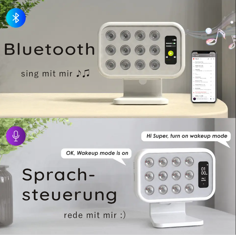 SUPER Lichttherapie-Wecker mit Standfuß Bluetooth und Sprachsteuerung